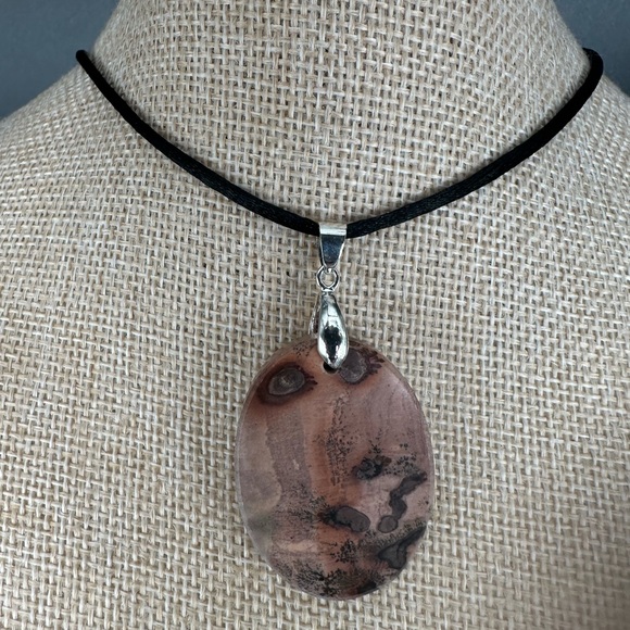 Jewelry - Oval Red Flower Picture Jasper Pendant on Black Satin Rope